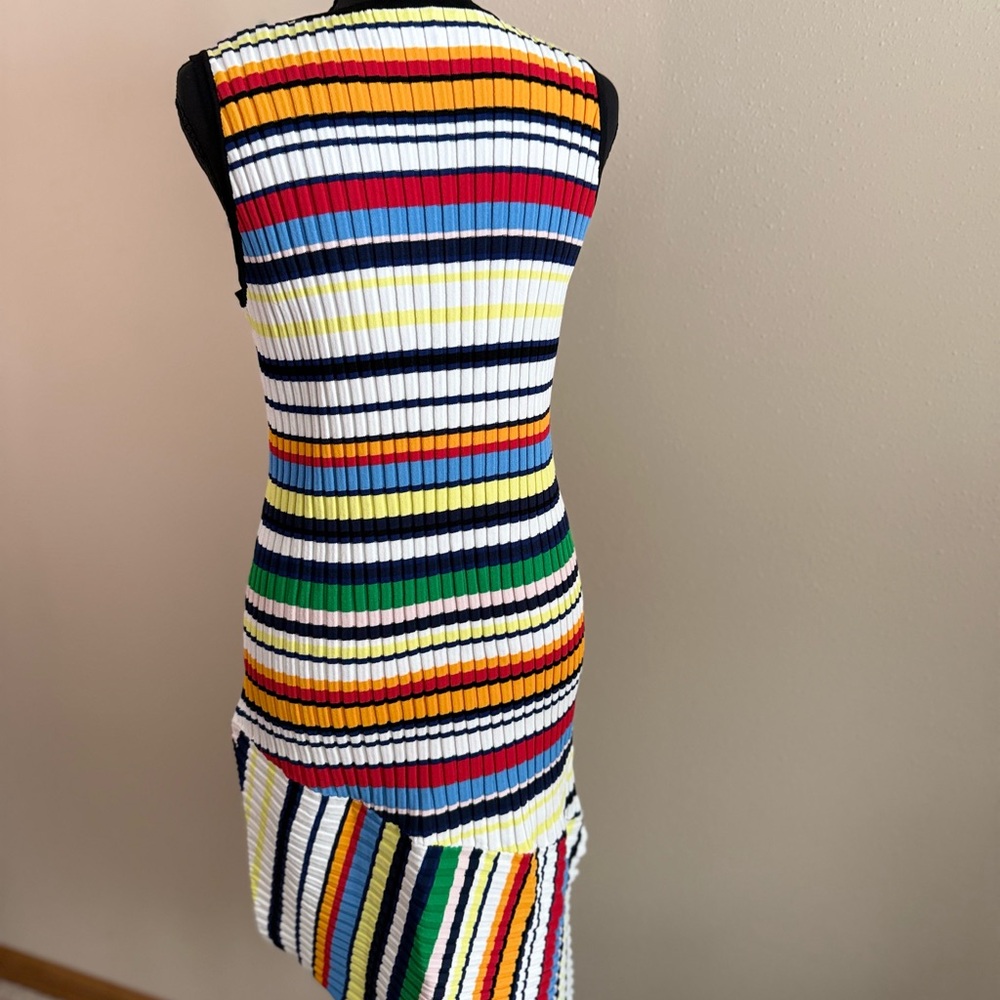 Milly Striped Knit Dress Asymmetrical Hem V Neck Multicolor Size L - Picture 8 of 13